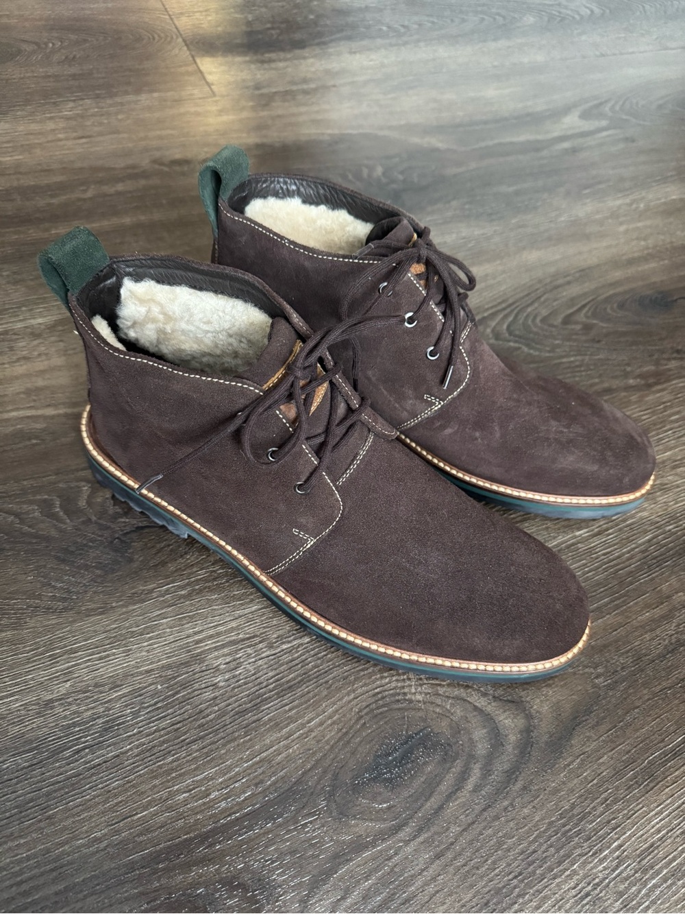 New! Martin Dingman Dark Brown Suede Chukka Boots with Shearling Collar